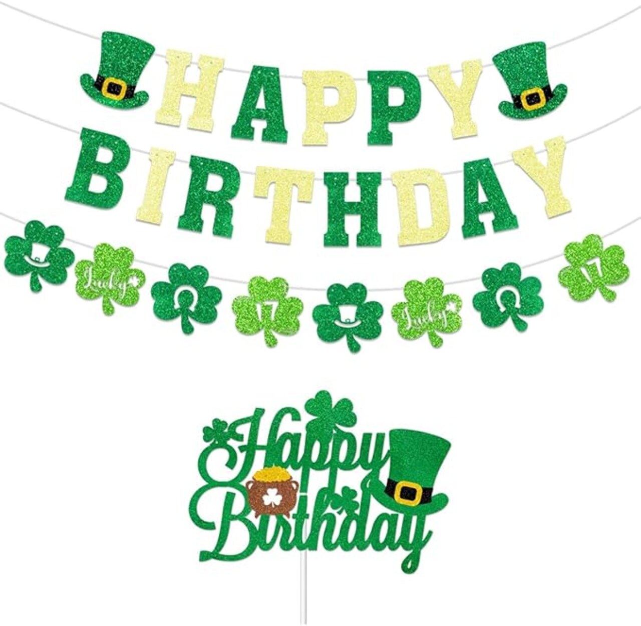 Glitter Letter St. Patricks Day Happy Birthday Decorations, Pre-Strung, Green Golden Happy Birthday Irish Themed Celebrations with Lucky Shamrock Green Hats for Room, Office, Indoor